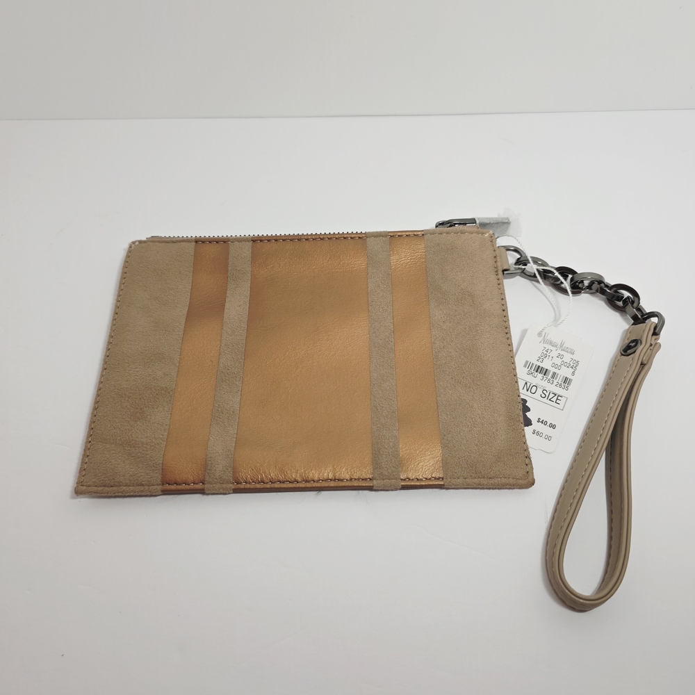 Neiman Marcus Soft Leather Metallic Bronze Wristlet Clutch Heavy Chain Strap - Picture 2 of 10